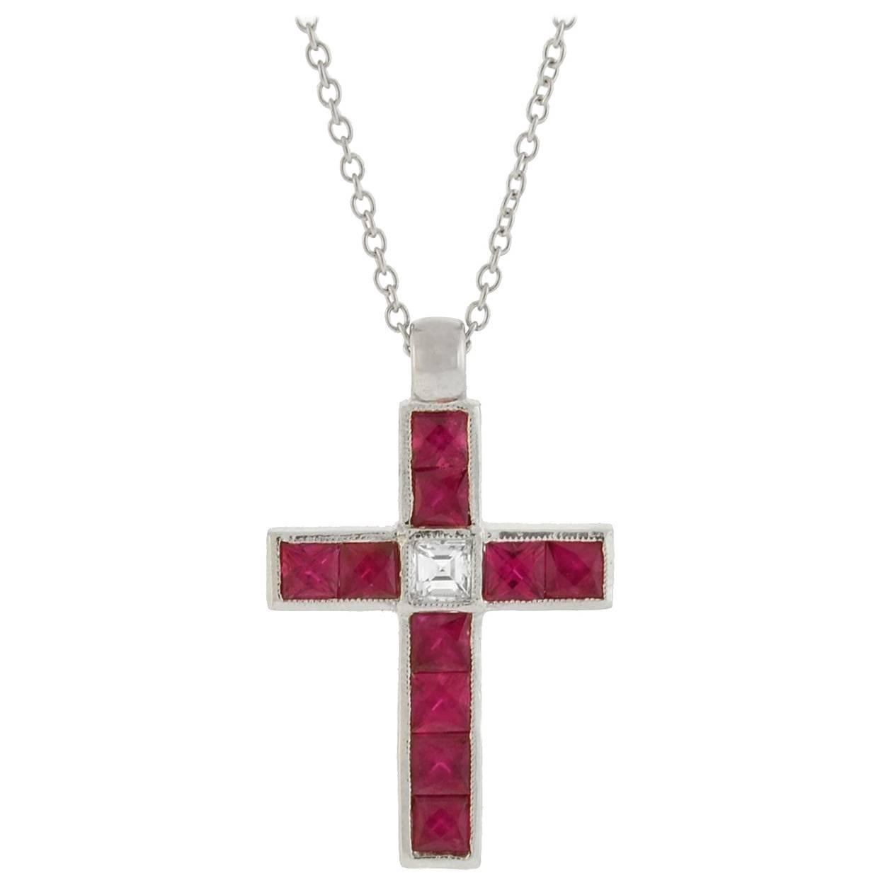 Vintage French Cut Ruby Diamond Cross Pendant Necklace