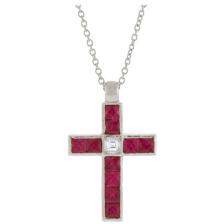 Vintage French Cut Ruby Diamond Cross Pendant Necklace at 1stDibs