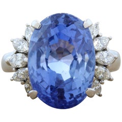 14.95 Carat GIA Blue Sapphire No-Heat Diamond Platinum Cocktail Ring