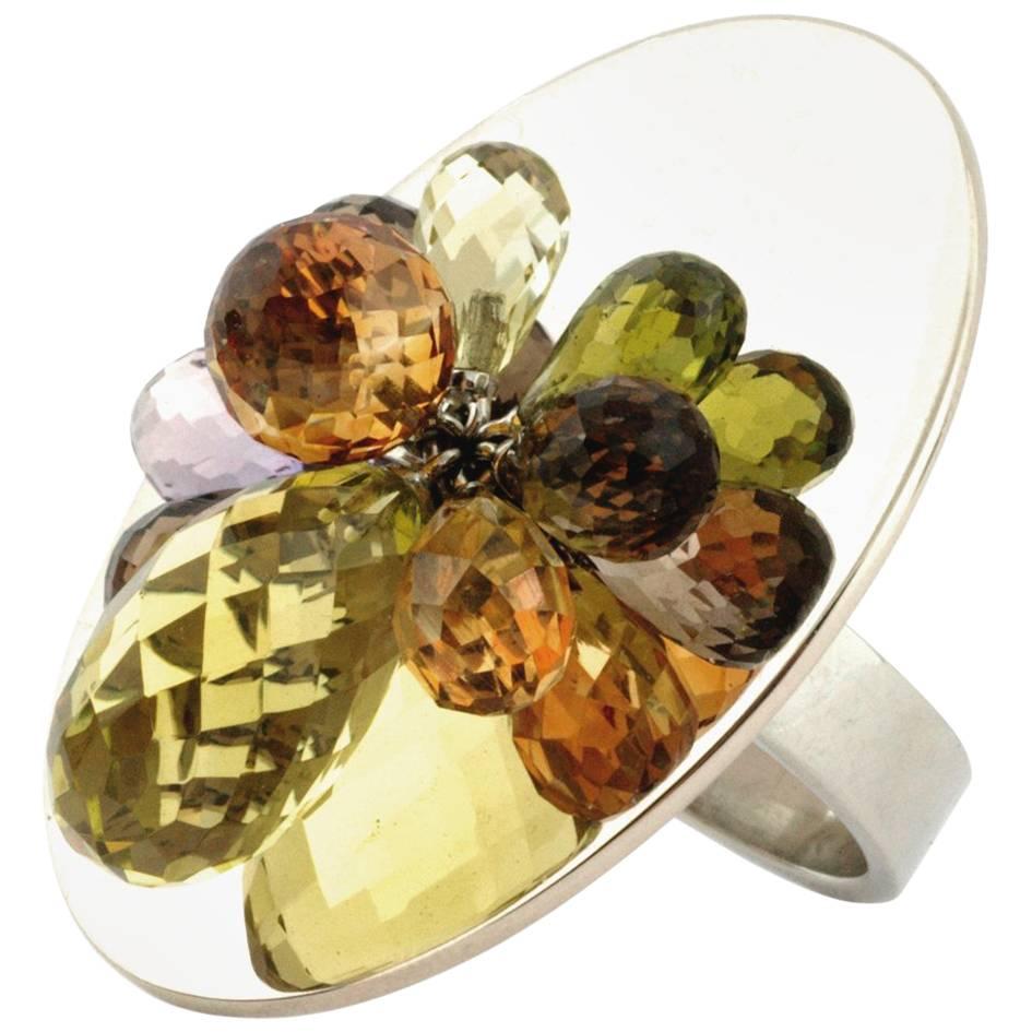 18 Karat Gold Cocktail-Ring mit mehrfarbigen Steinen im Angebot