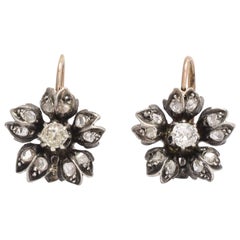 Early Victorian Old Mine and Rose Cut Diamond Flower Earrings