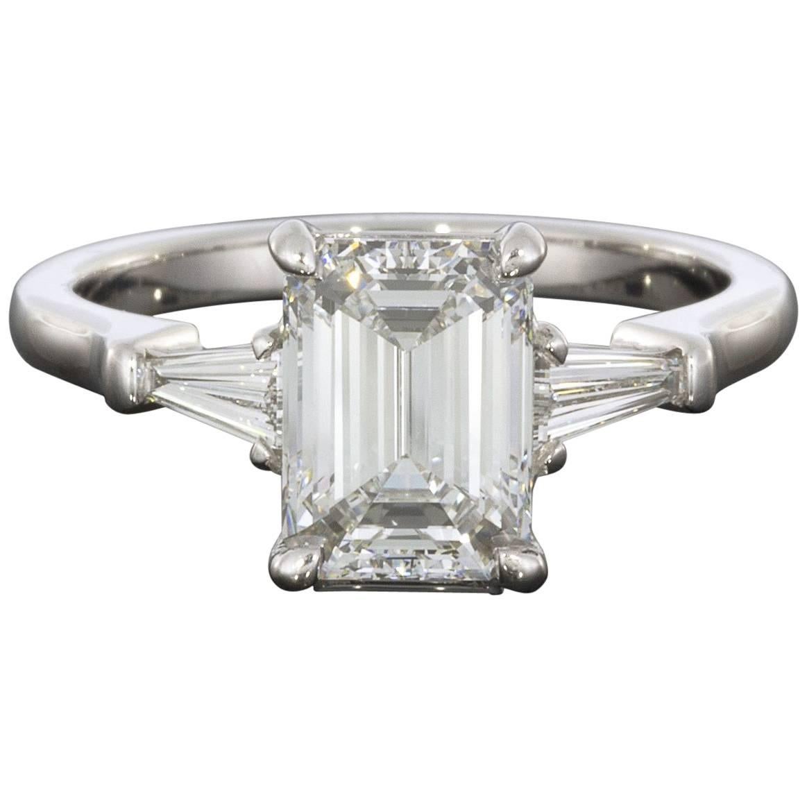 2.25 Carat Emerald and Baguette Platinum Diamond Engagement Ring