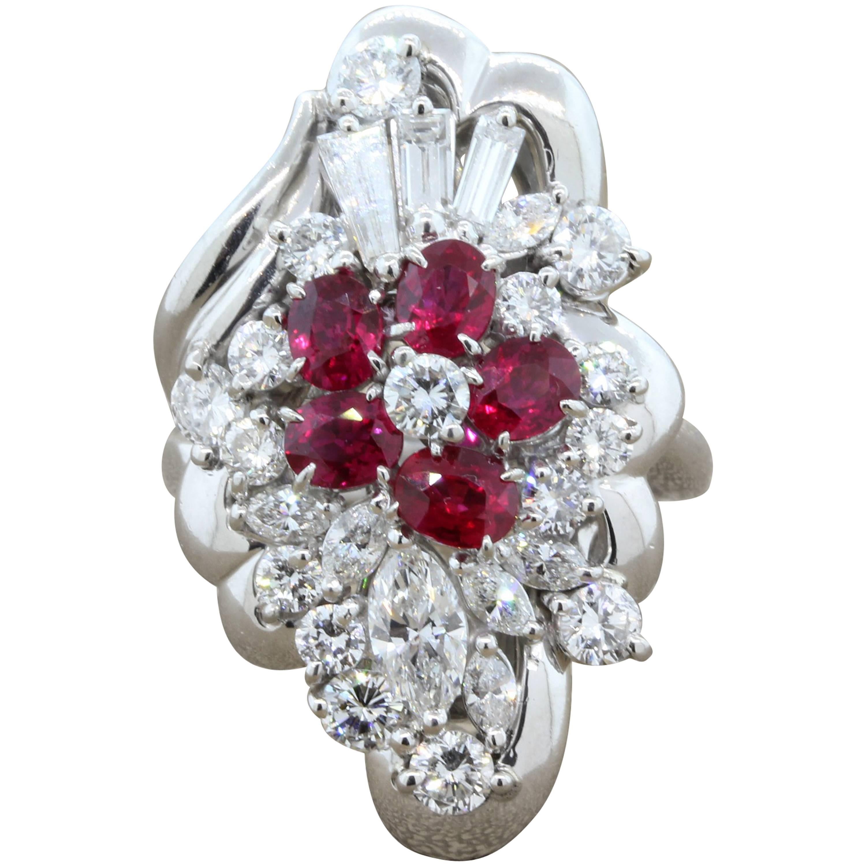 Ruby Diamond Platinum Cocktail Ring For Sale