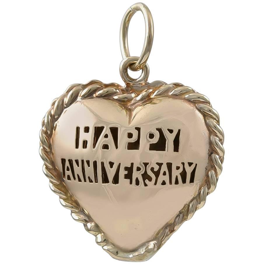 Gold Happy Anniversary Puffed Heart Charm For Sale