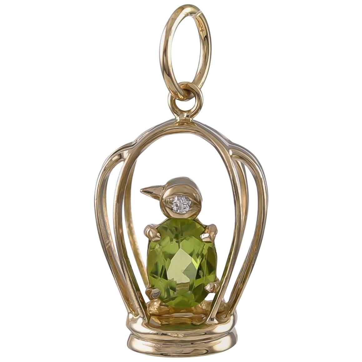 Gold and Peridot Penguin in a Cage Charm