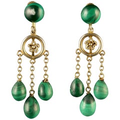Antique Victorian Gilded Gold Malachite Chandelier Earrings, circa 1900