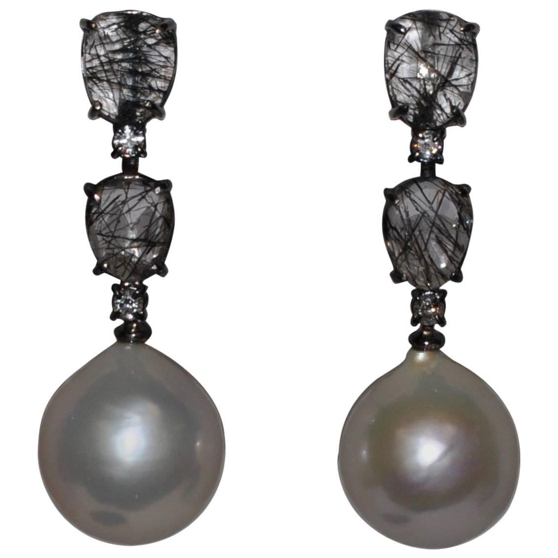 Tourmalines, Quartz, Cultured Pearls and Diamonds Black Gold Earrings