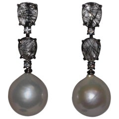 Tourmalines, Quartz, Cultured Pearls and Diamonds Black Gold Earrings