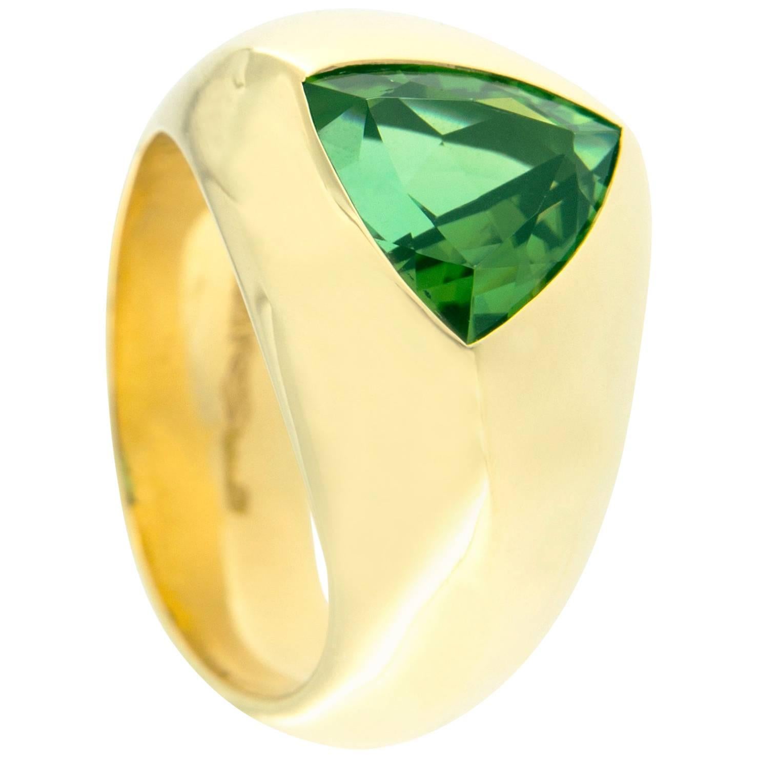 Alex Jona Trillion Cut Green Tourmaline 18 Karat Yellow Gold Dome Ring