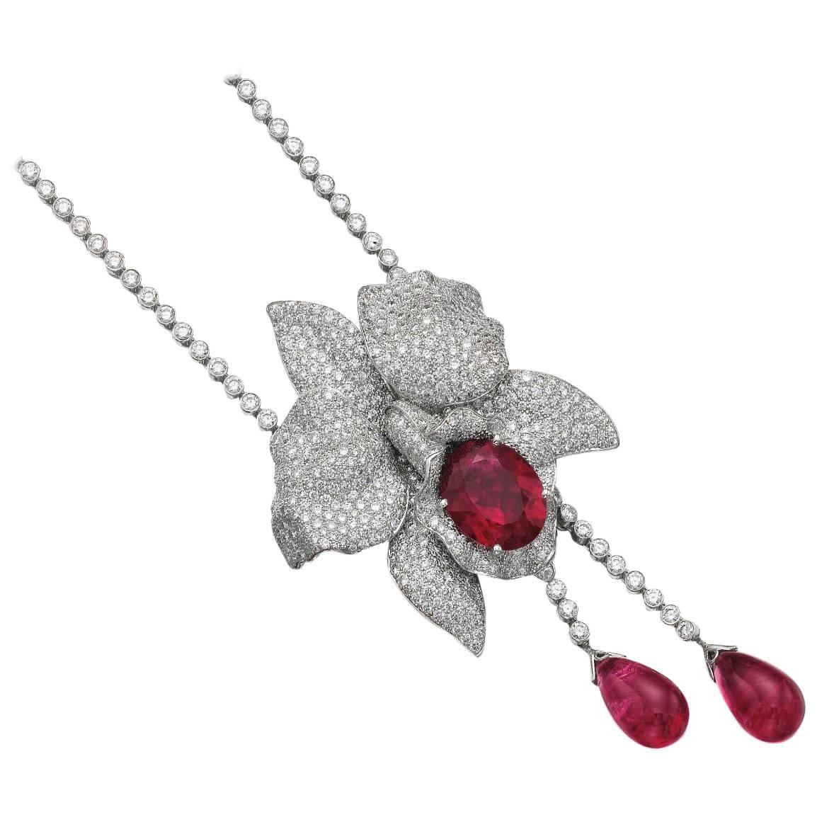 Cartier "Bahamas" Diamond Rubellite Necklace Brooch Collection For Sale
