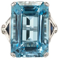 18.87 Carat Natural Aqua Sapphire Diamond Platinum Cocktail Ring