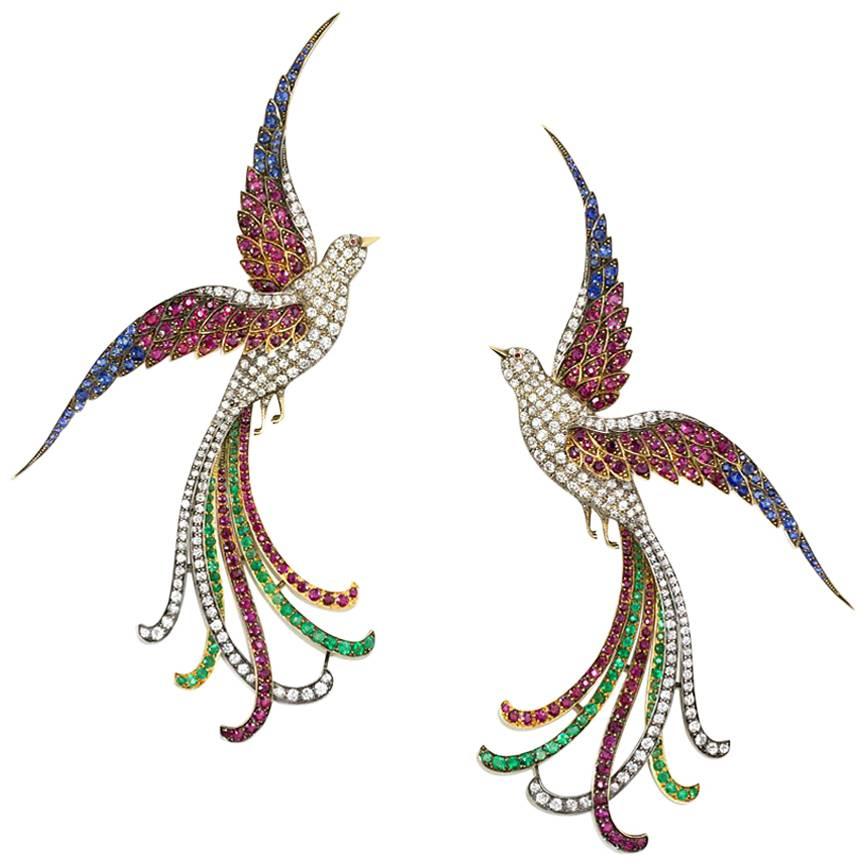 Pair of 19th Century Oversized Gemset Birds of Paradise Brooches