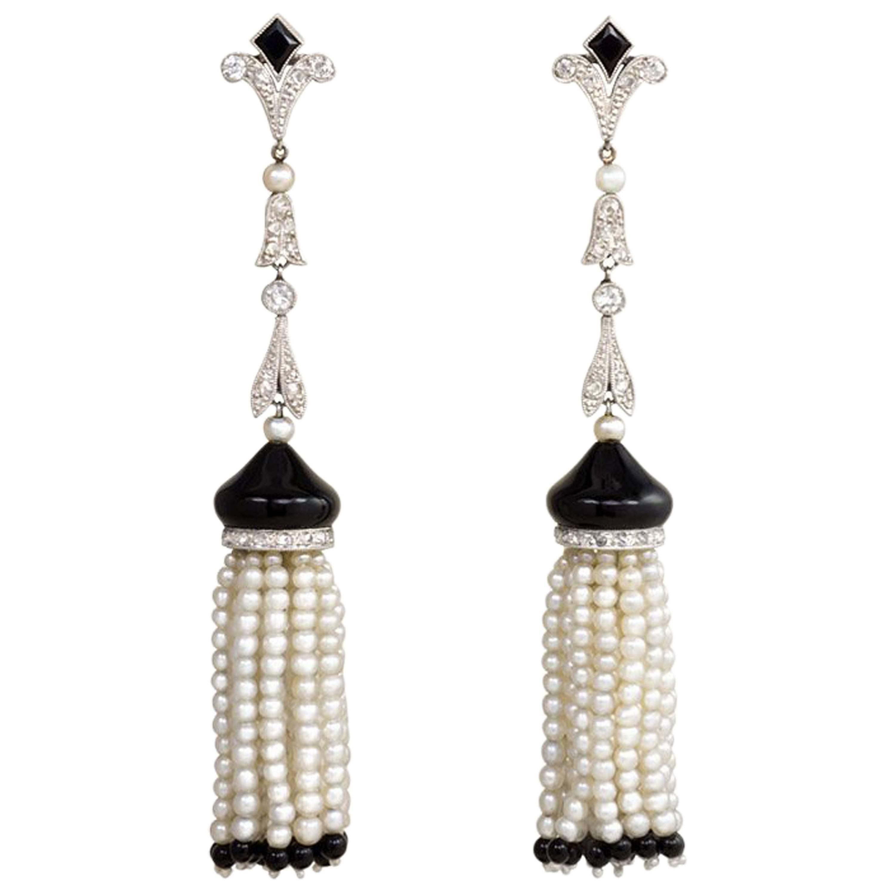 Art Deco Onyx, Diamond, and Seed Pearl Tassel Earrings