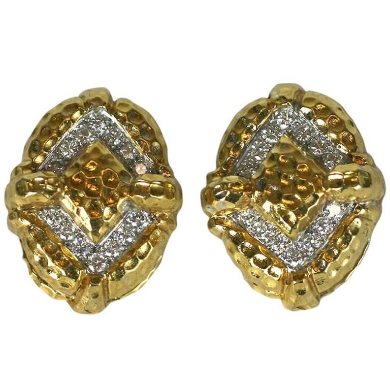 Hammered Gold and Diamond Earrings For Sale at 1stDibs