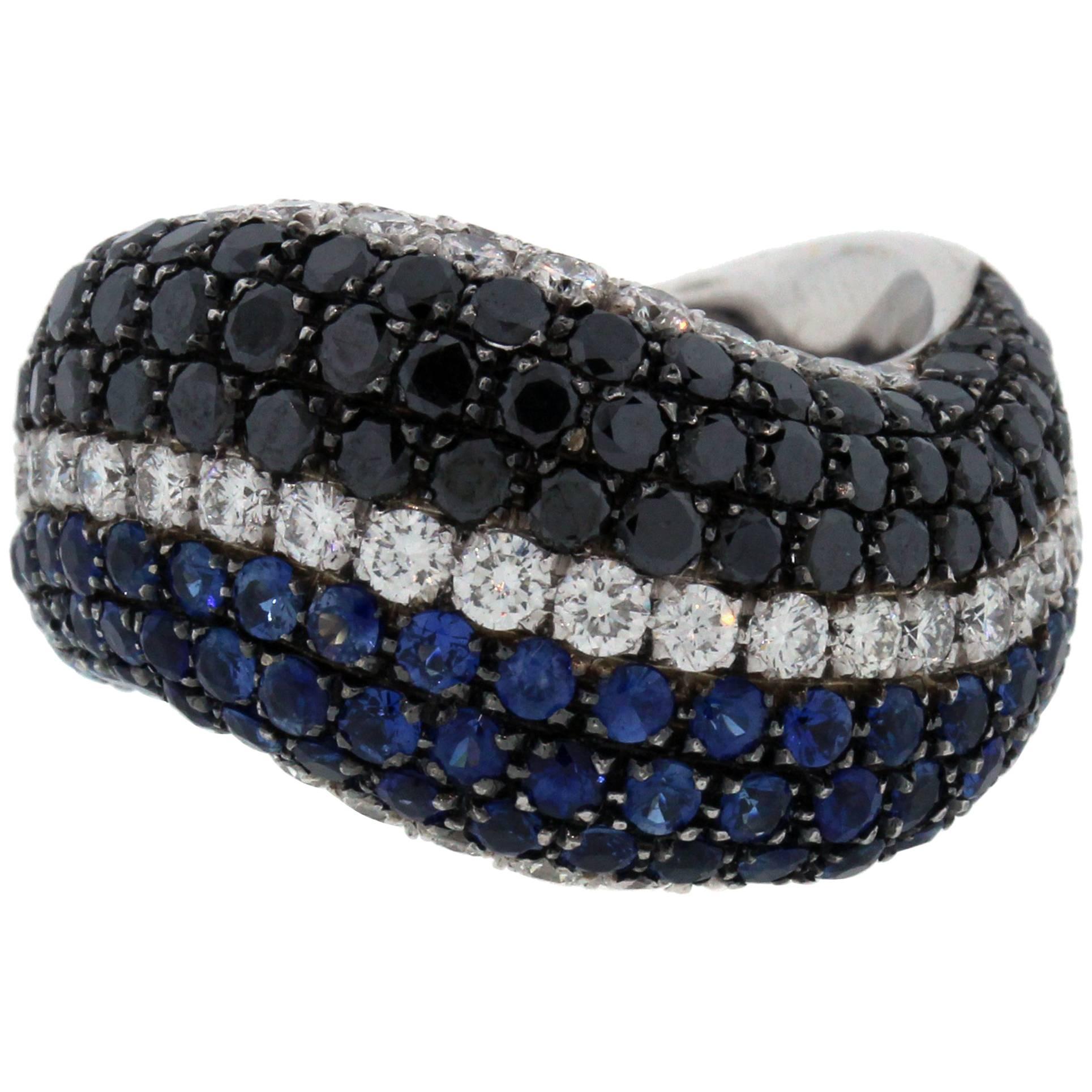 18K Gold Blue Sapphires Black and White Diamonds Curved Angled Band Ring For Sale