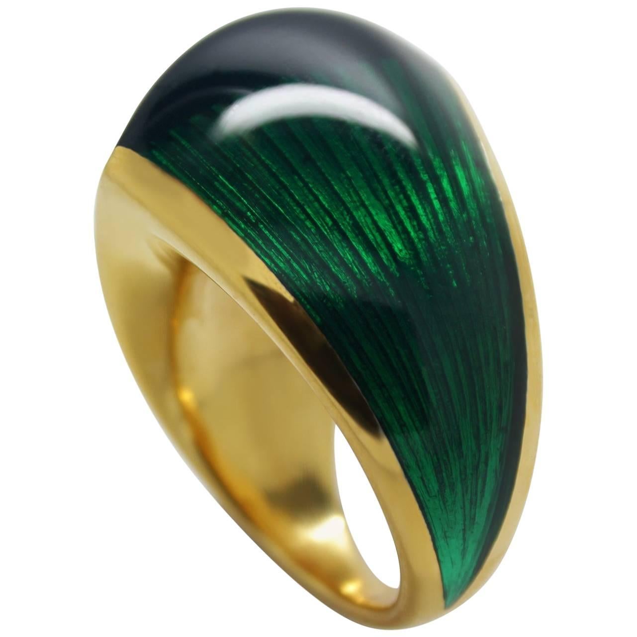 William Cheshire Translucent Green Cold Enamel Gold Vermeil Libertine Ring For Sale