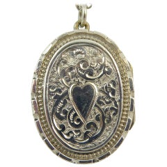 Antique Silver Locket, Silver Chain, circa Edwardian, Hand and Machine Engraved