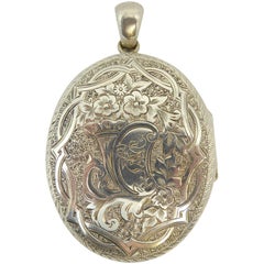 Victorian Silver Locket, circa 1890s, Hand Engraved