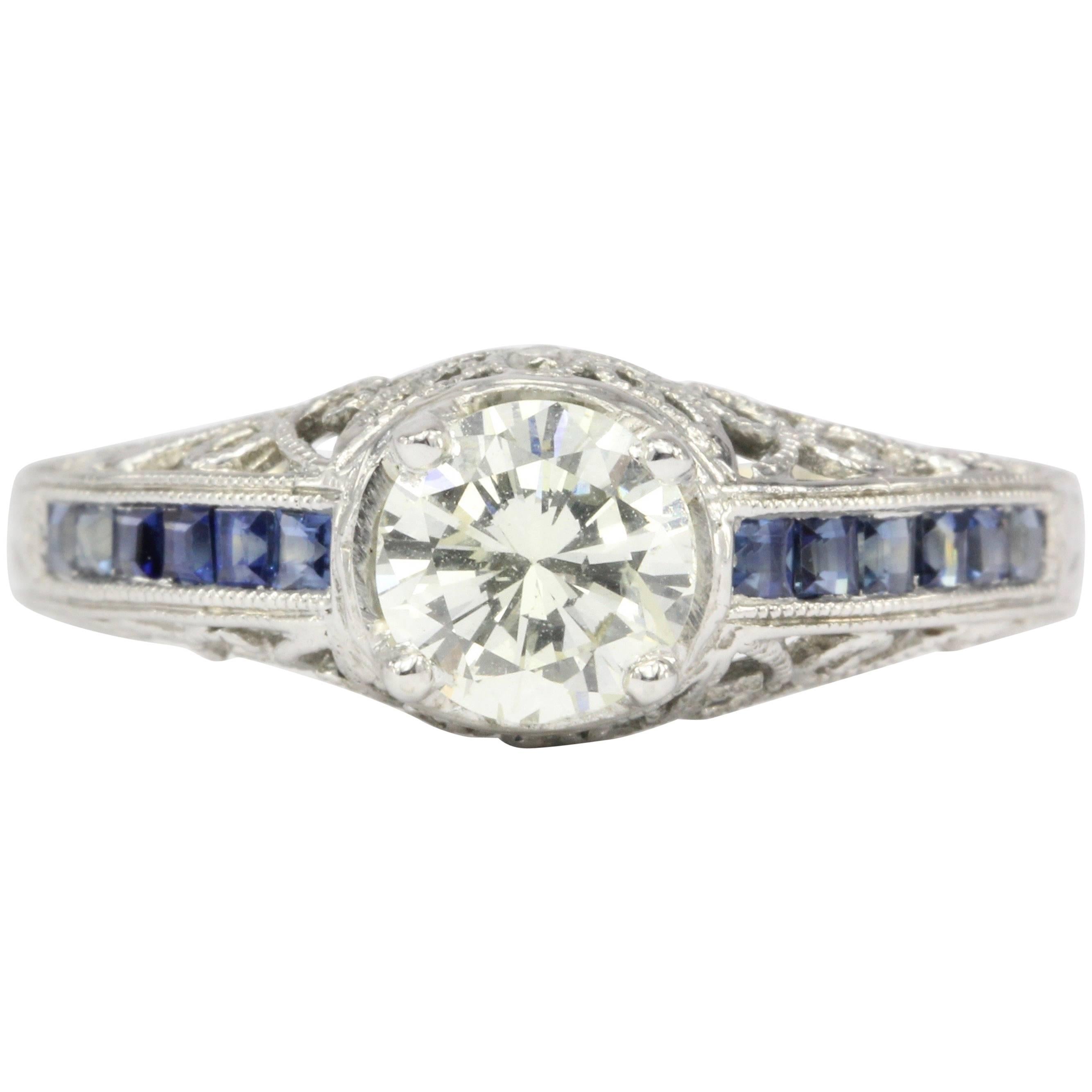 Art Deco Style White Gold 1 Carat Diamond and Sapphire Ring
