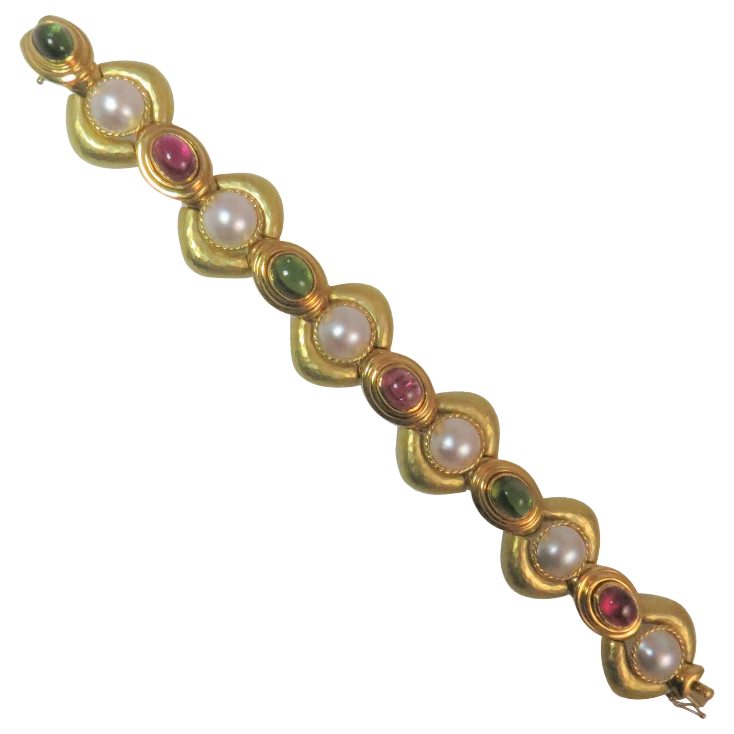 18 Karat Yellow Gold Tourmaline and Mabe Pearl Bracelet For Sale