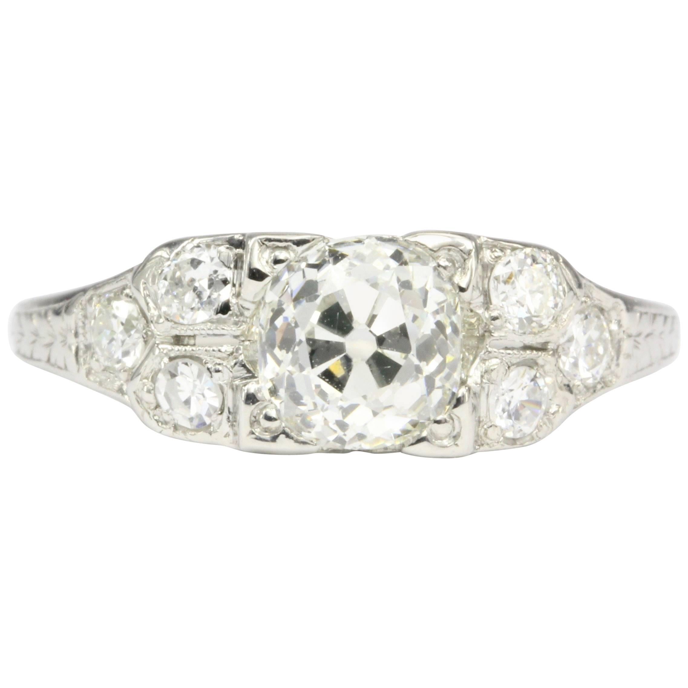 Art Deco Platinum .98 Carat Old Mine Cut Diamond Engagement Ring