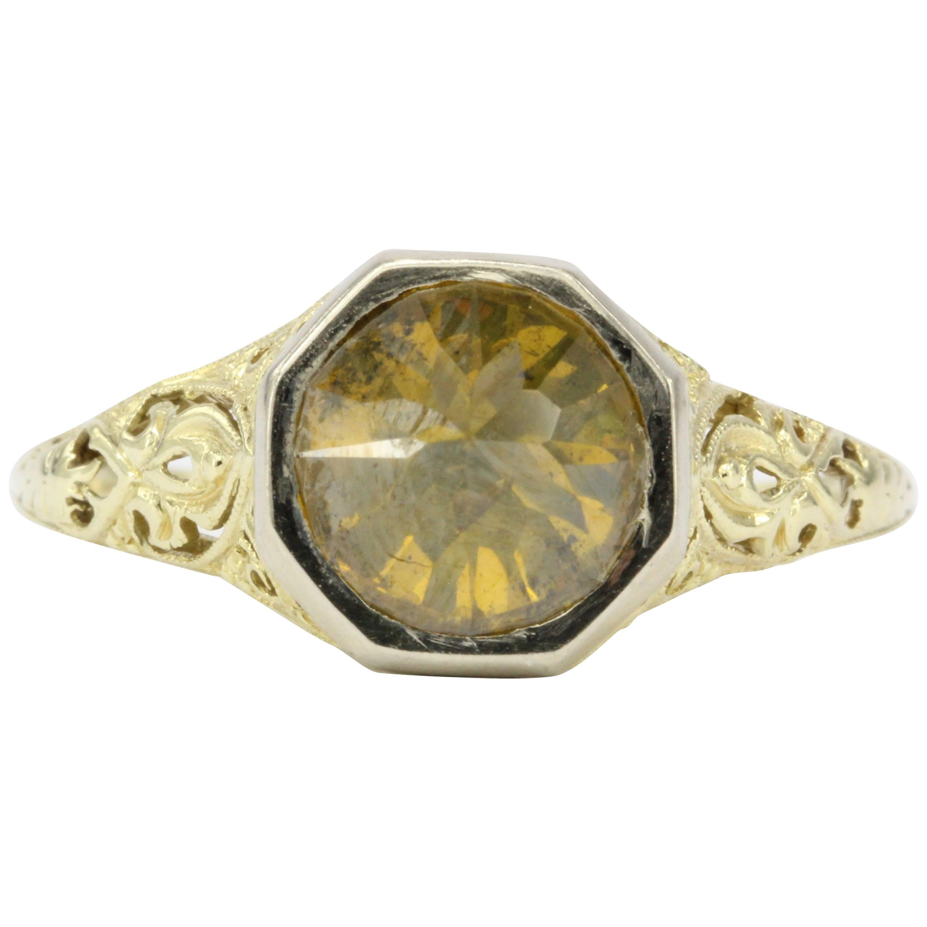 Platinum & Yellow Gold Art Deco 2ct Fancy Yellow Orange Upside-Down Diamond Ring