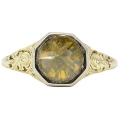 Platinum 
Yellow Gold Art Deco 2ct Fancy Yellow Orange Upside-Down Diamond Ring