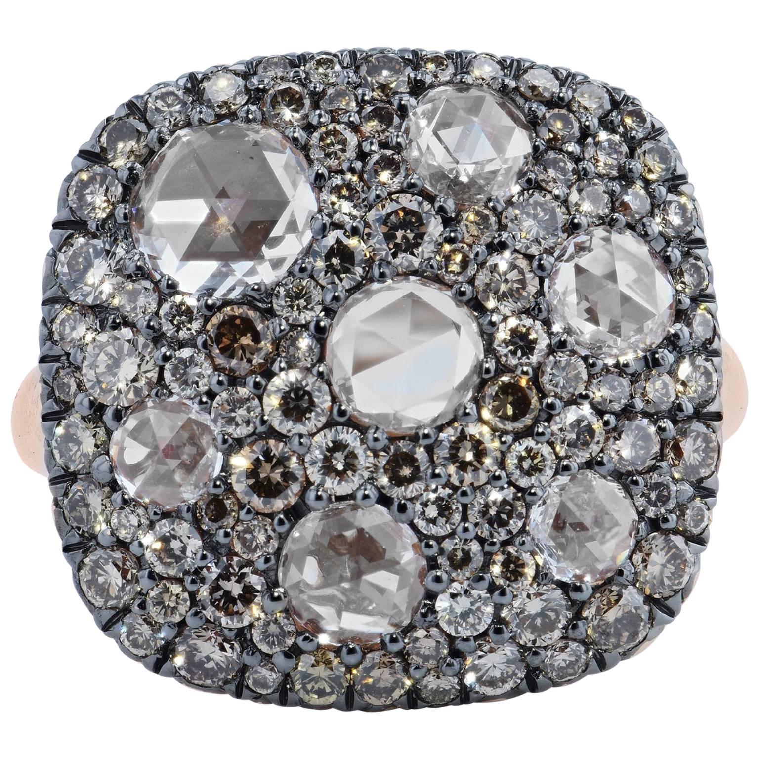 1.05 Carat Brilliant Cut Champagne Diamonds & 1.13 Carats Rose Cut Diamond Ring 