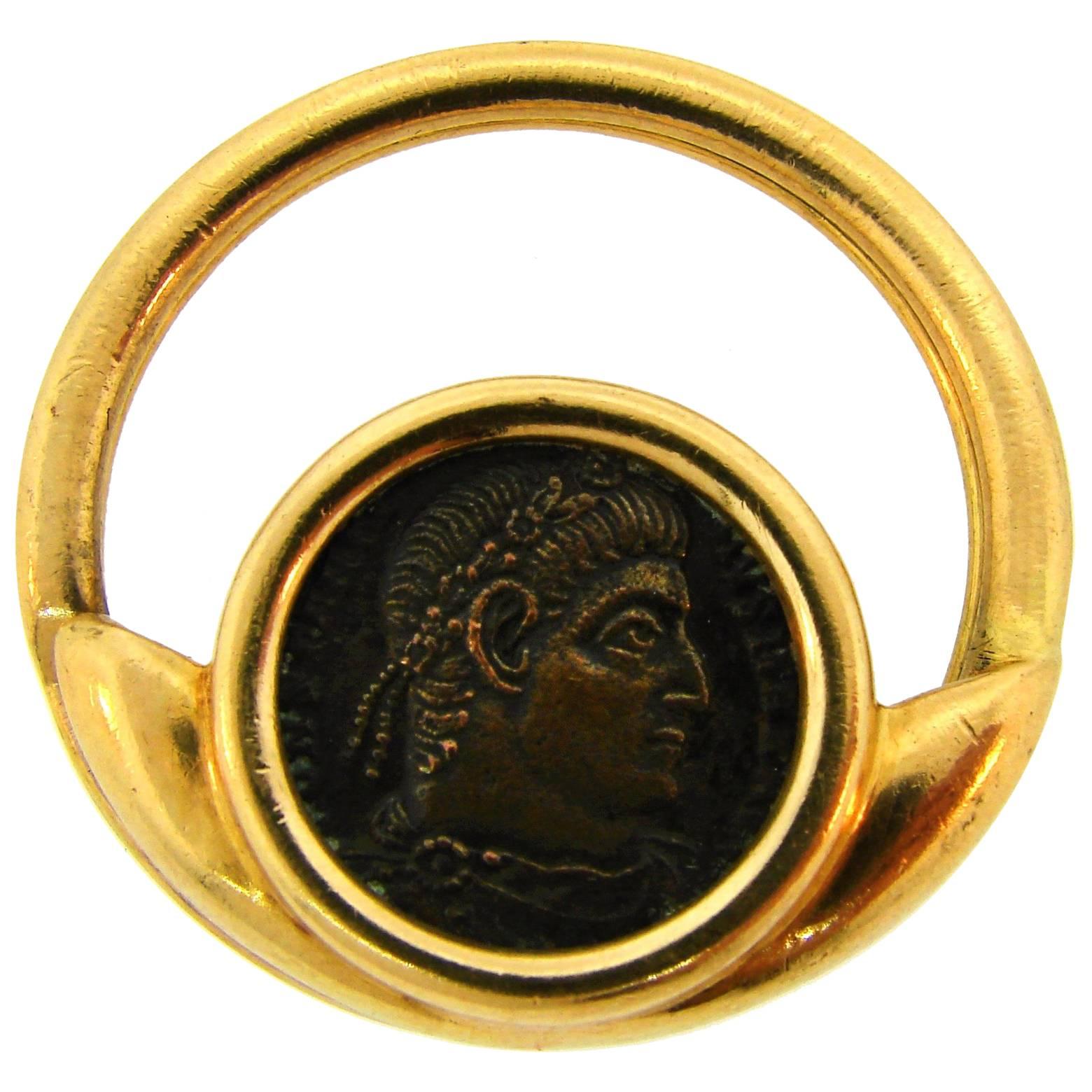 1970s Bulgari Ancient Roman Bronze Coin Yellow Gold Money Clip Key Holder