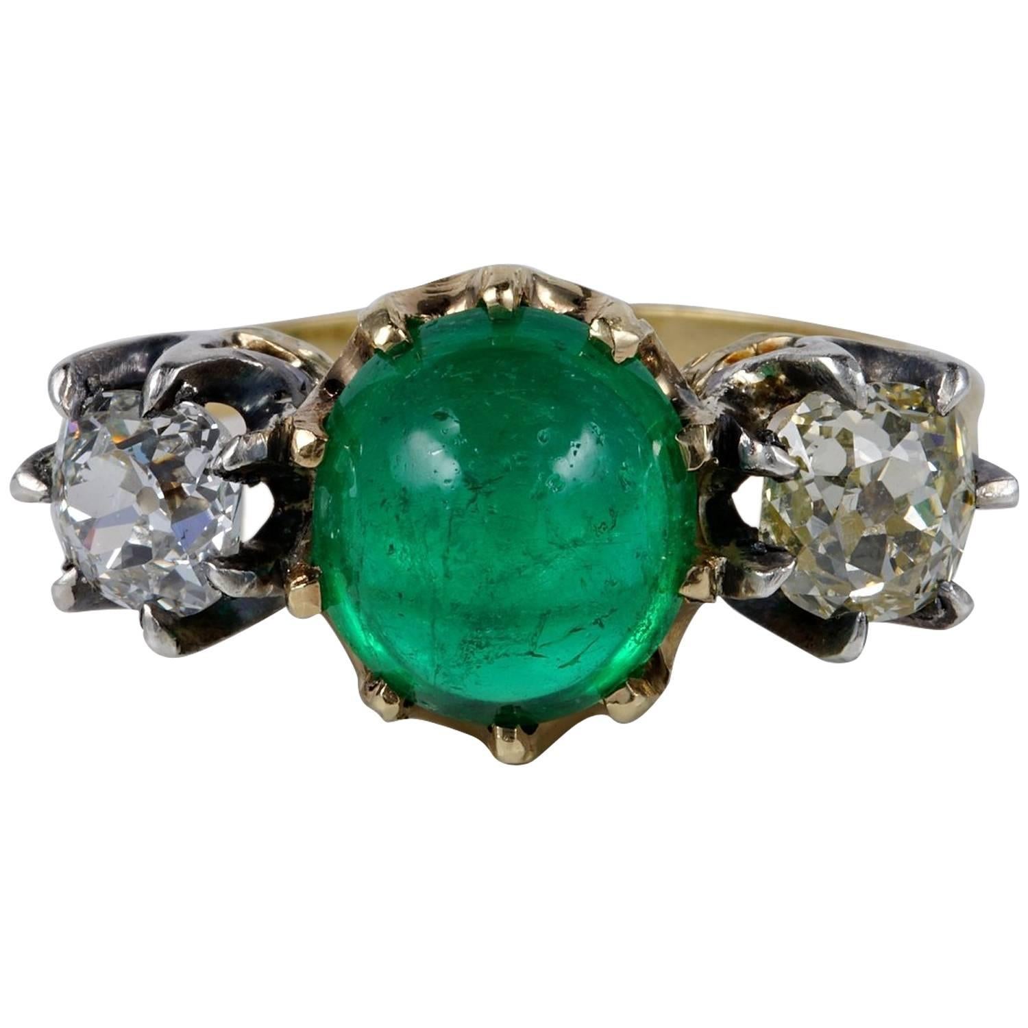 Victorian 3.20 Carat Colombian Emerald 1.45 Carat Diamond Rare Trilogy Ring For Sale