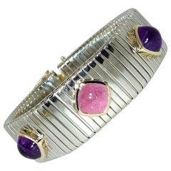 Pink Tourmaline, Amethyst, Sterling Silver and Gold Bracelet