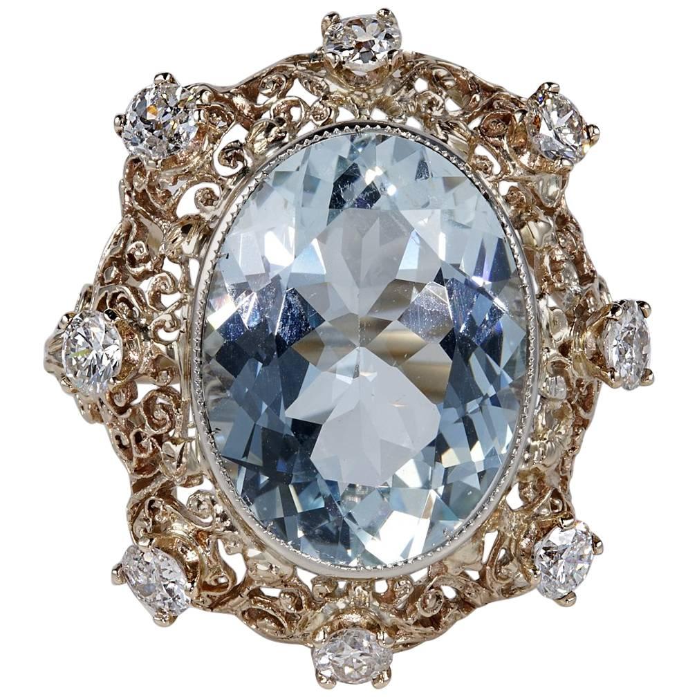 Edwardian 9.30 Carat Aquamarine 1.50 Carat Diamond Rare Ring