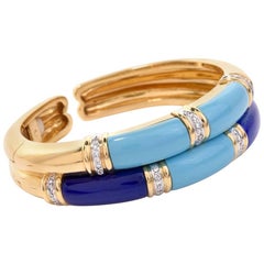 1970s Turquoise Lapis Lazuli Diamond 18 Karat Gold Bangle Bracelet