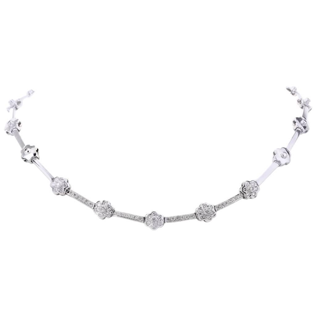 Estate Diamond 18 Karat White Gold Flower Chocker Necklace