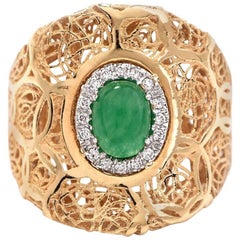 Estate Diamond and Jade 18 Karat Yellow Gold Cocktail Filigree Ring