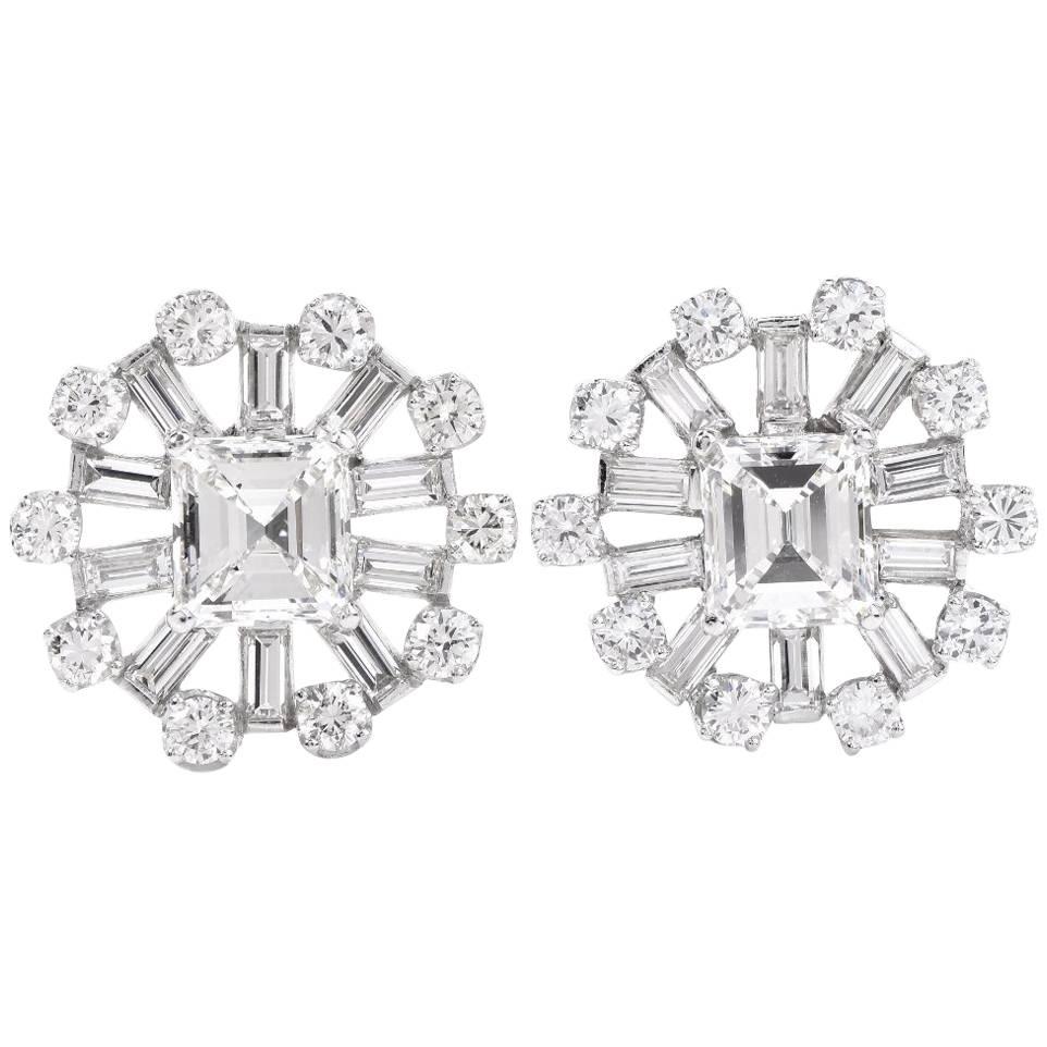 Estate Large GIA Certified Square Diamond Cluster Stud Earring