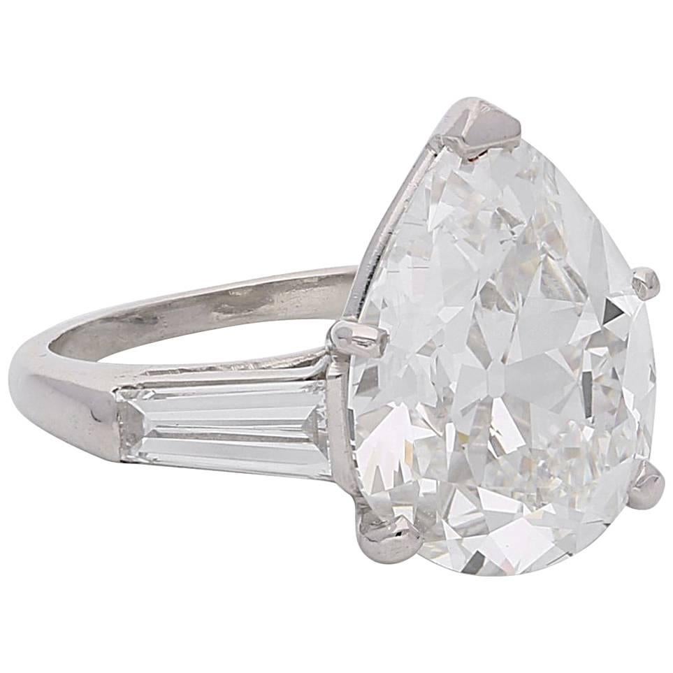 6.53 Carat Old-Cut Pear Shape Diamond Ring with Tapered Baguette Shoulders