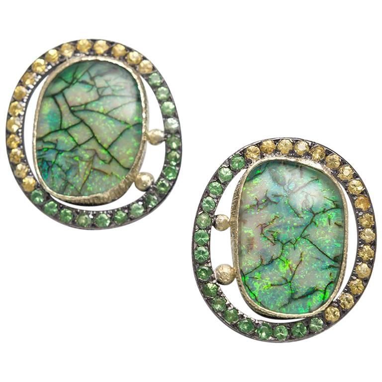  Opal Doublets Tsavorites Sapphires Green Gold Silver Clipped Earrings  For Sale