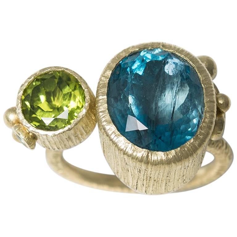 Dramatic Aquamarine and Peridot Cocktail Ring in Green Gold and Sterling Silver