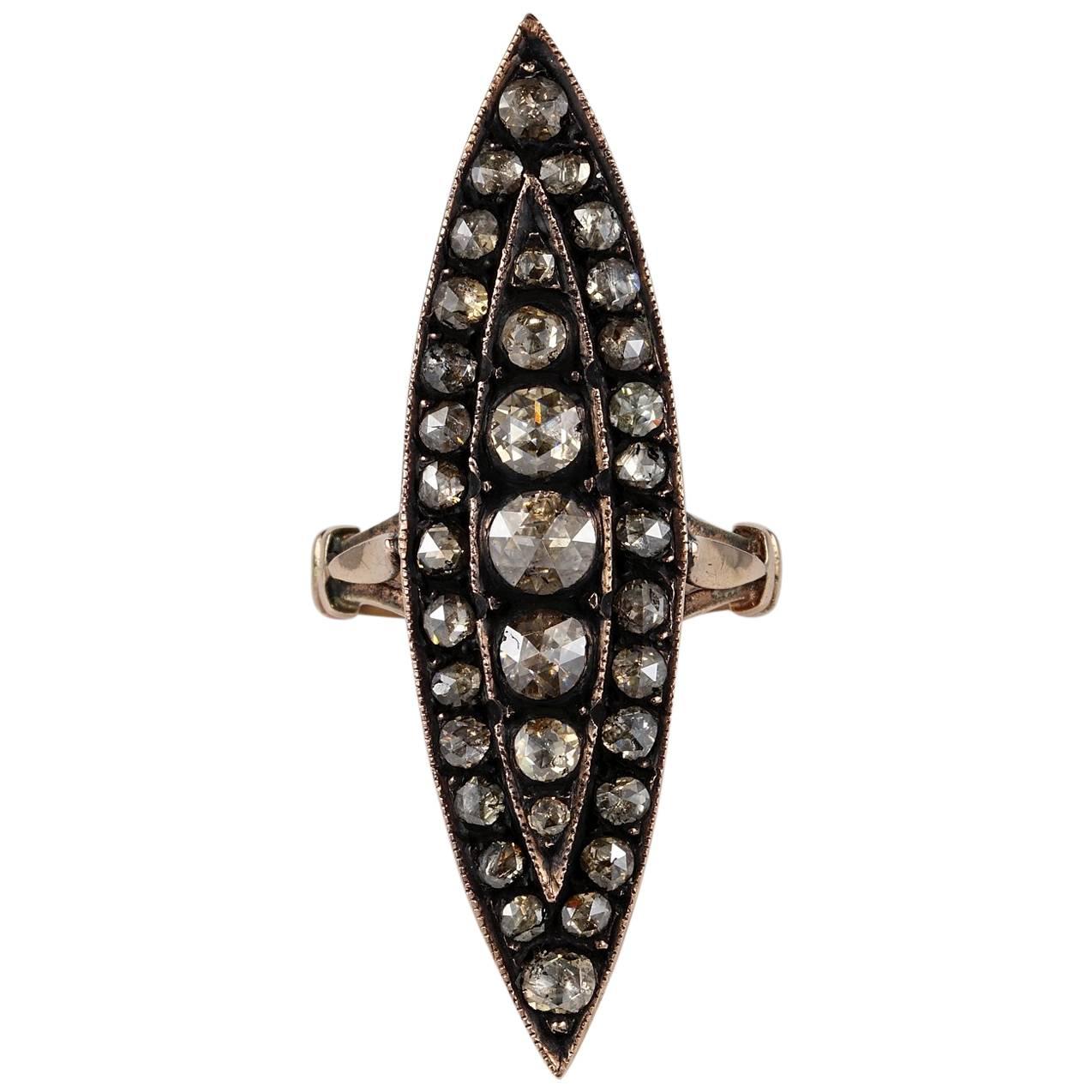 Antique 2.90 Carat Rose Cut Diamond Large-Scale Navette Ring For Sale