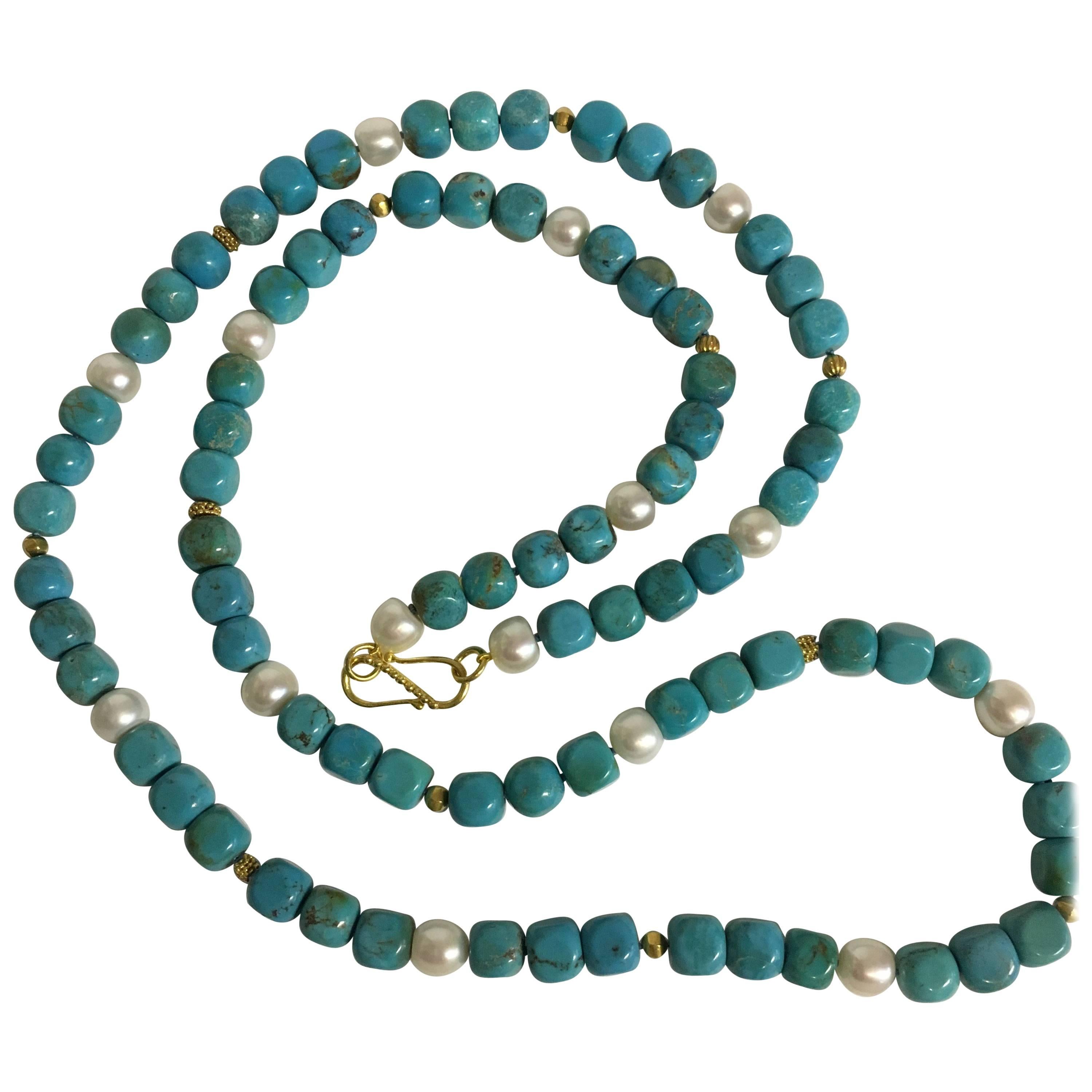 Turquoise Necklace with Freshwater Pearls and 18 Karat Gold Beads