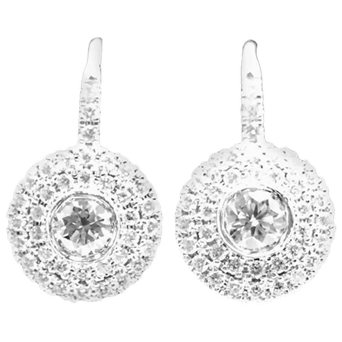 1 Carat Diamond Cluster Drop Earrings in 18 Carat White Gold For Sale