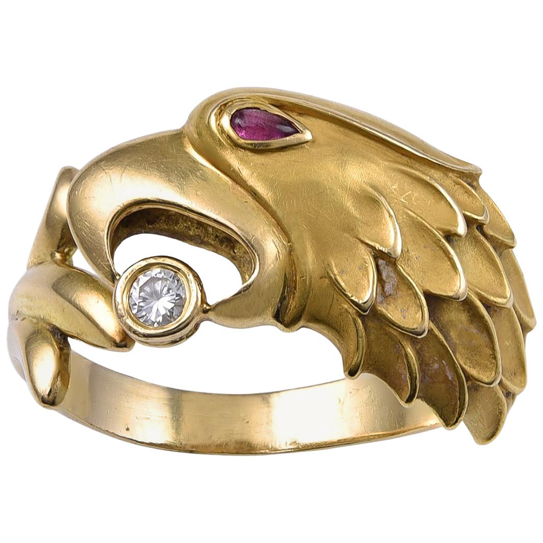 Ruby and Diamond Eagles Head Ring For Sale