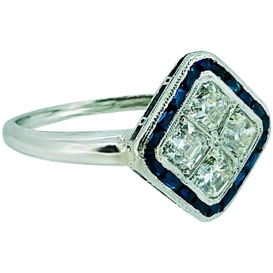 1.20 Carat Diamond .65 Carat Sapphire Antique Engagement For Sale