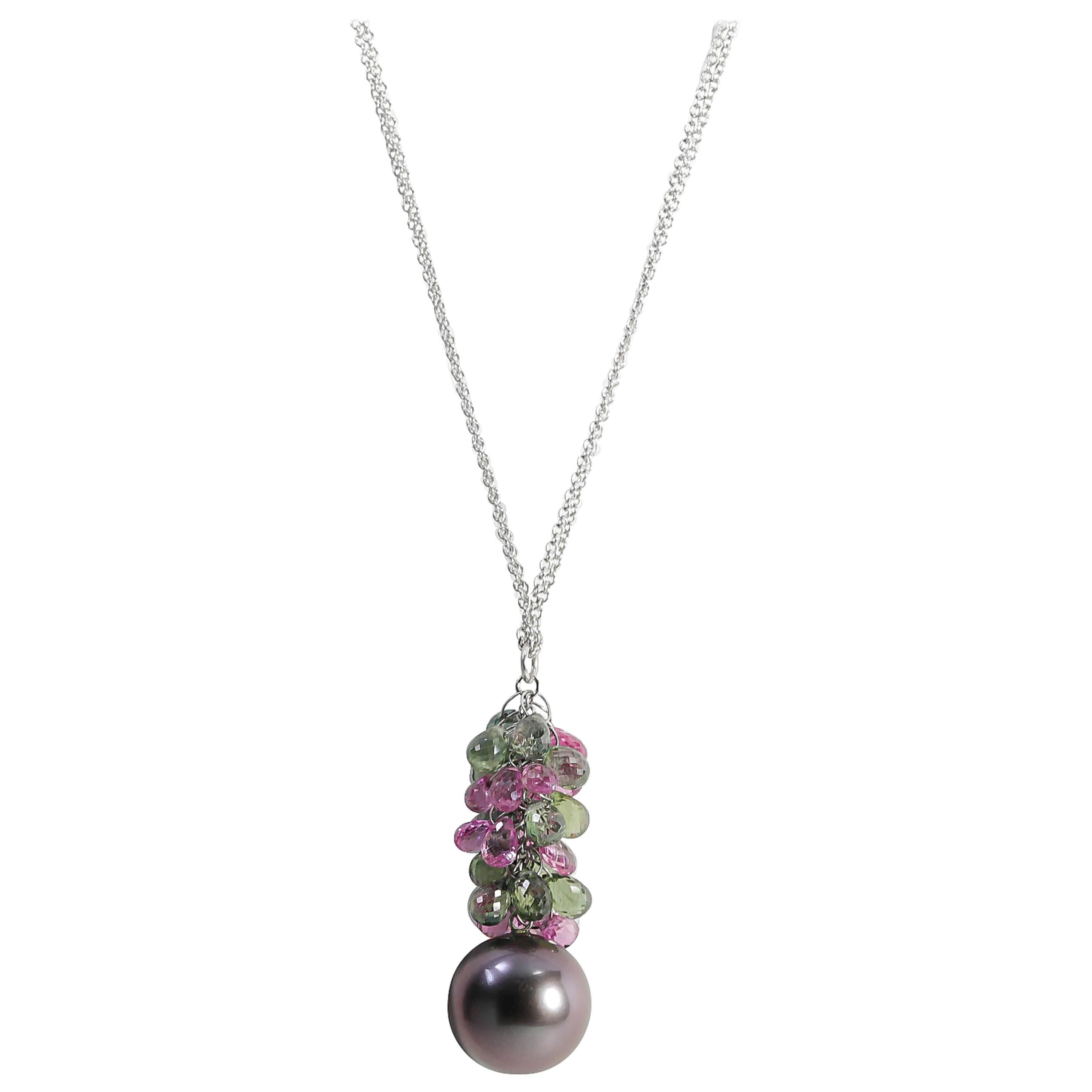 Black Pearl and Colored Stone Briolettes Pendant Necklace For Sale