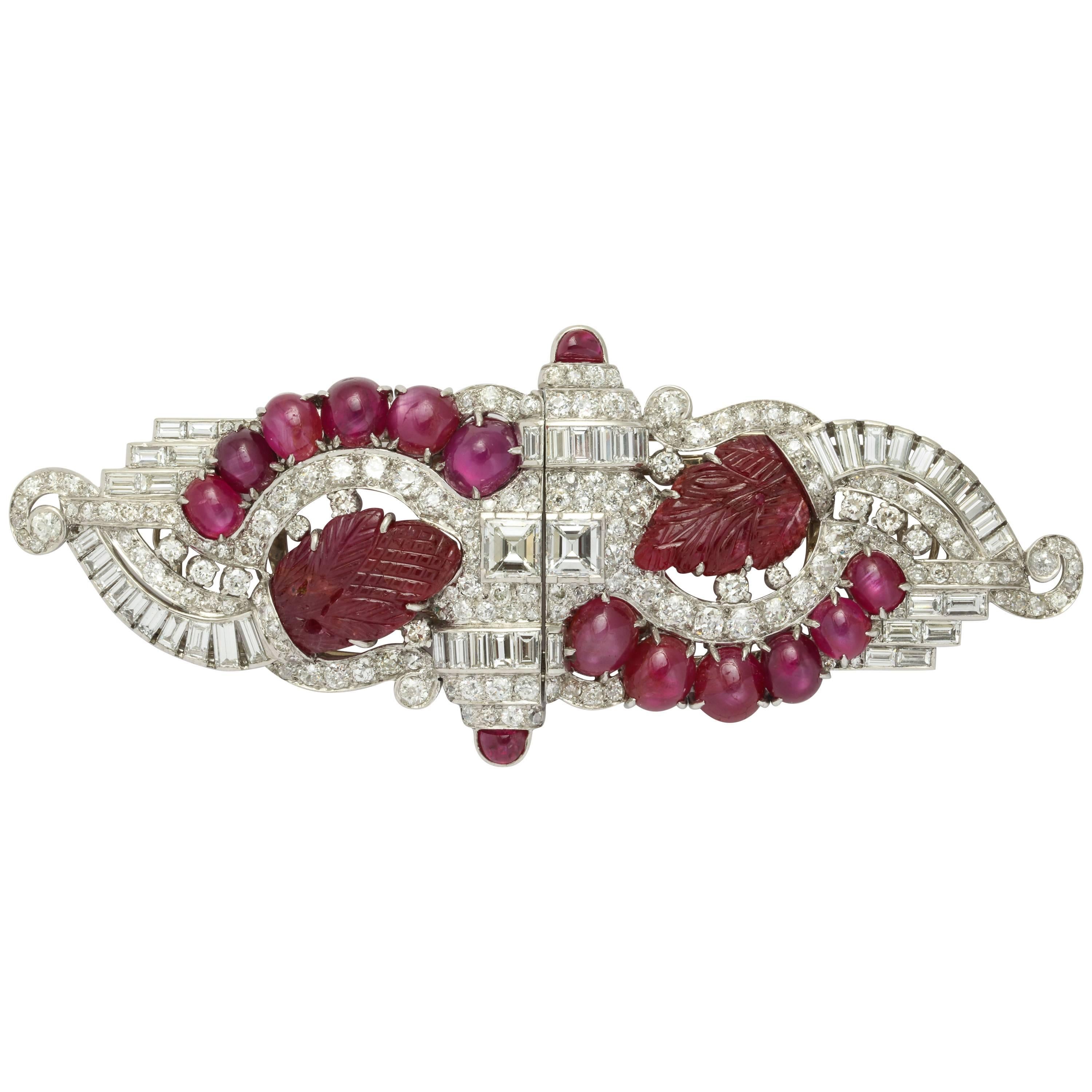  Art Deco Carved Ruby and Diamond Double Clip Brooch or Pearl Combination