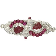 Antique Art Deco Carved Ruby and Diamond Double Clip Brooch or Pearl Combination