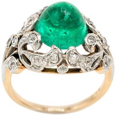 Edwardian Emerald Cabochon Diamond Filigree Ring Yellow Gold Platinum