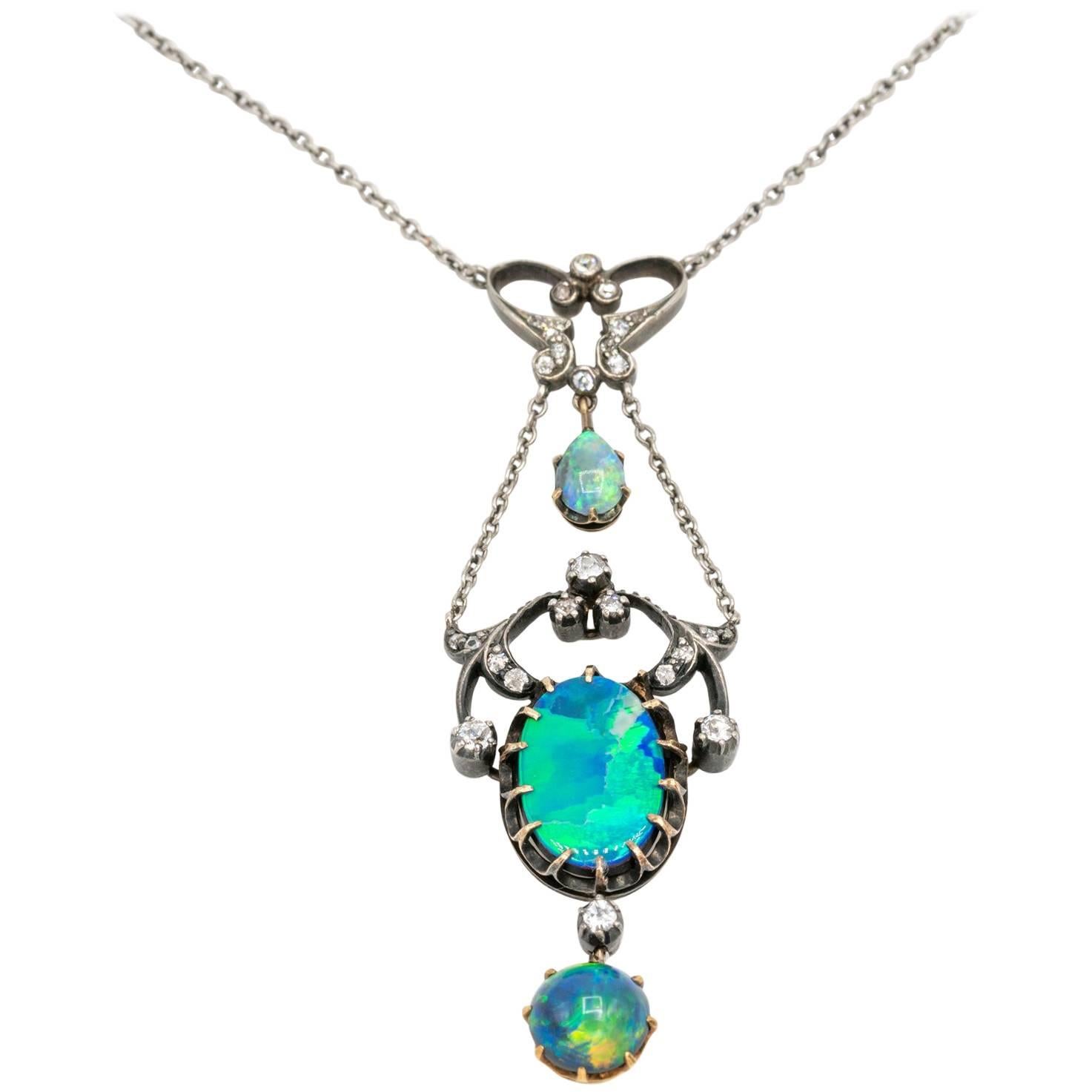 Edwardian Three Opal Diamond Gold Silver Pendant Necklace