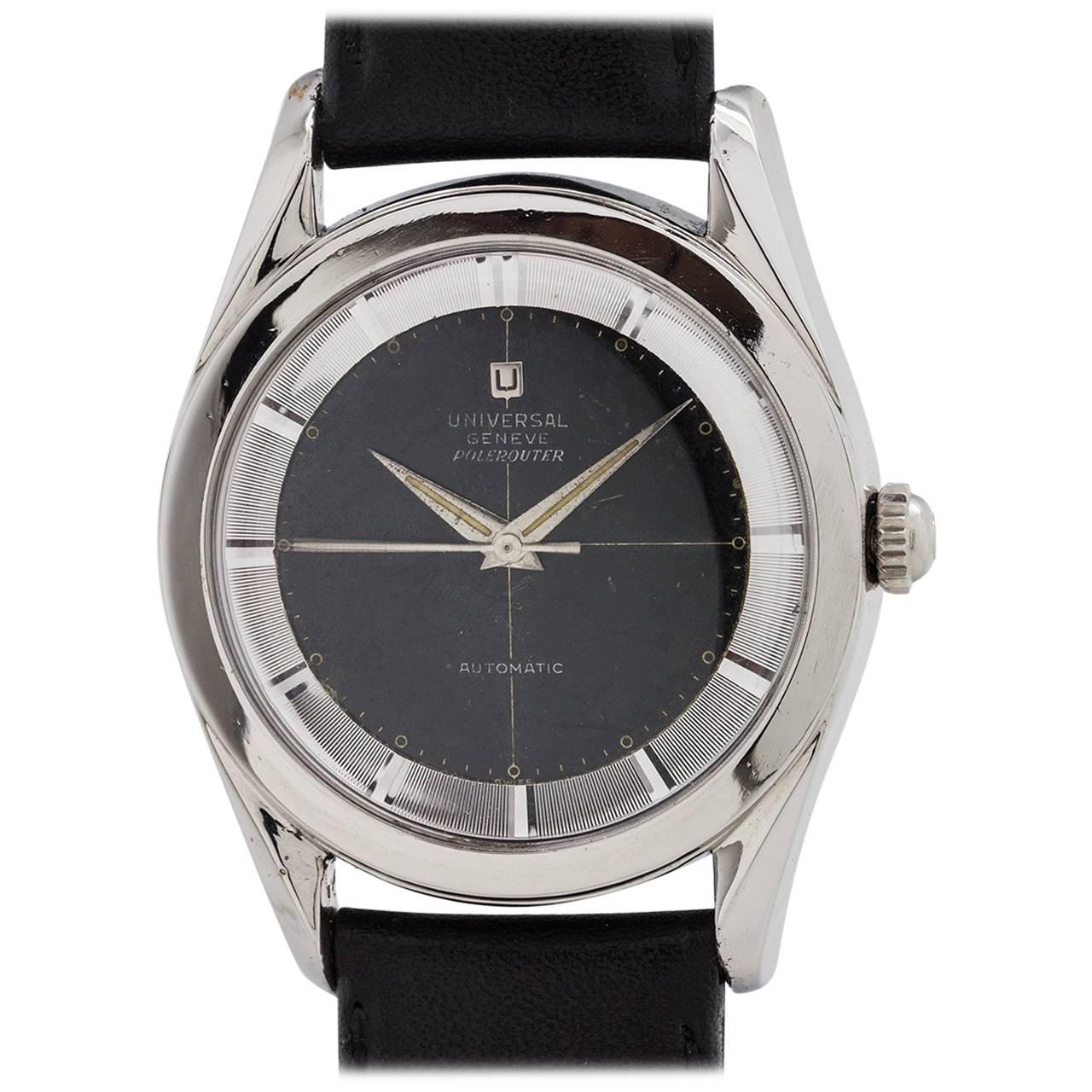 Universal stainless Steel Geneve Polerouter Black Dial Automatic Wristwatch